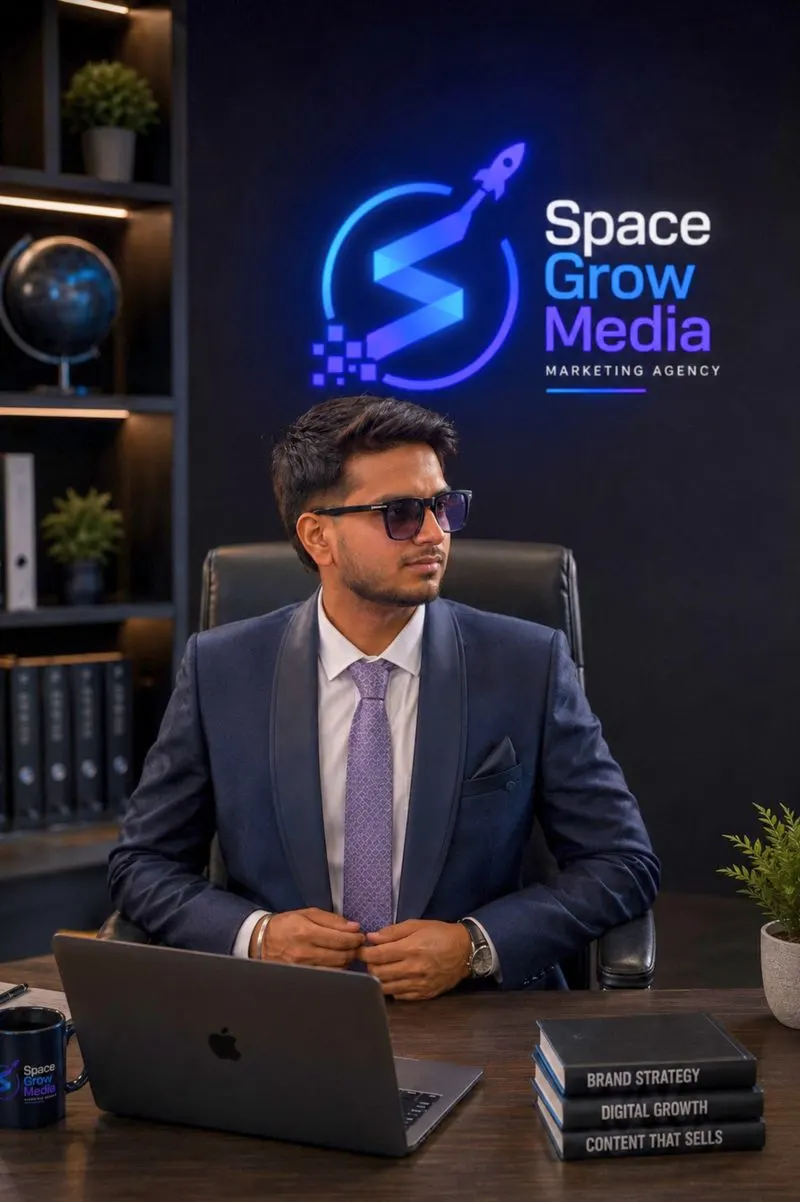 Yash, founder of SpaceGrow Media, at his desk in front of the SpaceGrow Media logo